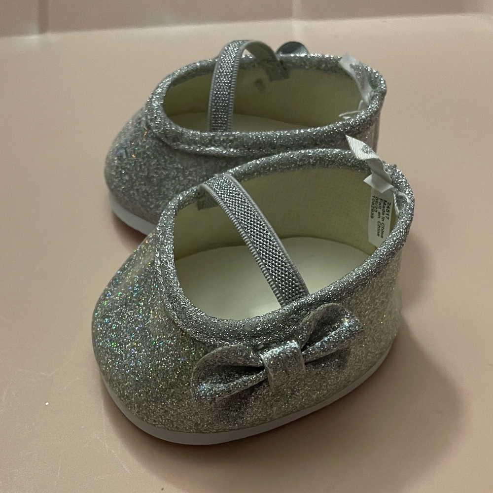 Build-A-Bear Glittery Silver Doll Shoes Flats with Bow EUC